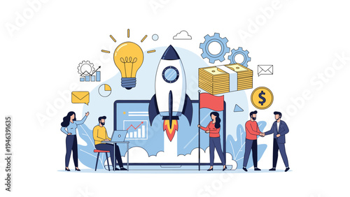 Diverse business team working around a large laptop with a launching rocket ship to represent successful project growth and funding.