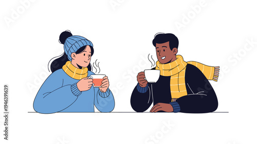 Smiling couple wearing warm winter hats and scarves sitting together and enjoying hot cups of steaming tea on a cold day.