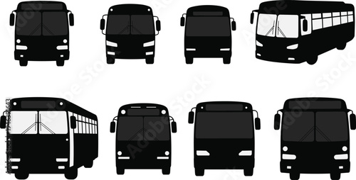 City bus vector set with front and perspective views, public transport vehicle silhouettes collection isolated illustration design
