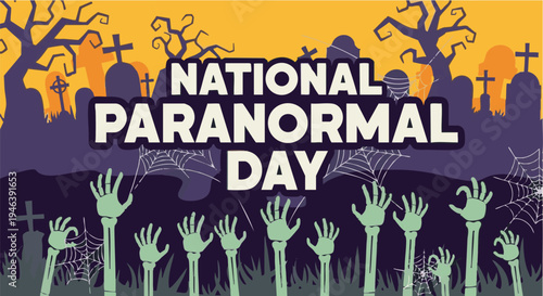 Spooky zombie hands rising from graveyard illustration for national paranormsl day in eerie orange sunset lighting for Halloween