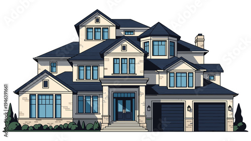 Magnificent two story luxury suburban house with multiple gables, large windows, and a three car garage in a classic style.