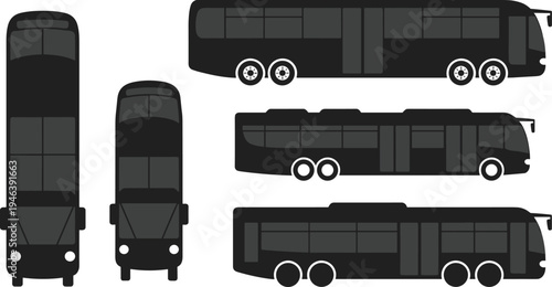 City bus silhouettes set, public transport vehicle collection, urban passenger bus icons, transportation system vector illustration