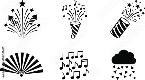 Celebration icons set with fireworks confetti party poppers and music notes isolated on white background festive event design