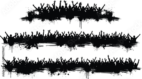 Cheering crowd silhouettes with grunge paint splatter banners isolated on white background, concert audience celebration and festival party design