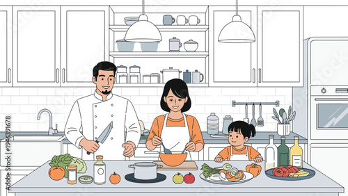 Professional male chef teaching a woman and a young girl how to prepare healthy food and vegetables in a modern white kitchen setting.