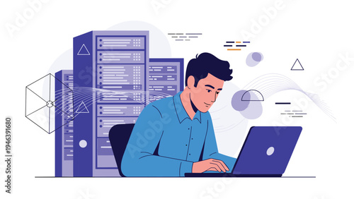 Focused male technician or software developer working on a laptop in front of tall server racks in a data center or computer room.