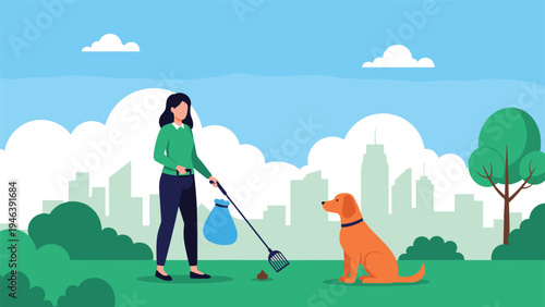 Responsible woman using a scooper to pick up her dog's waste in a green city park with a skyline and trees in the background.