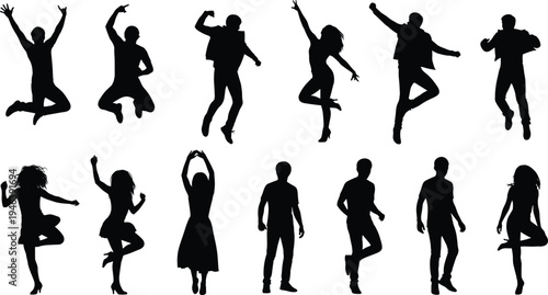 Dancing people silhouettes collection with jumping men and women isolated on white background energetic party celebration movement set