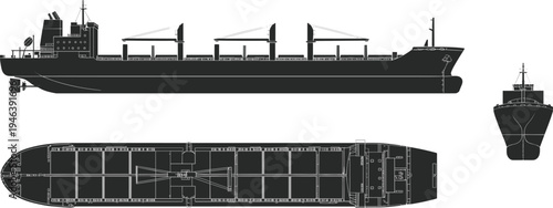 Cargo ship vector blueprint with side top and front views, detailed maritime freight vessel technical illustration