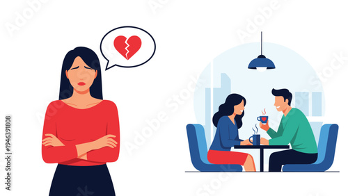 Sad woman standing with crossed arms and thinking about a broken heart while a happy couple enjoys coffee together in the background.