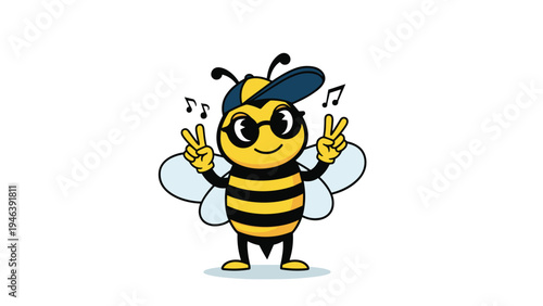 Cool cartoon bee character wearing sunglasses and a baseball cap while making peace signs with its hands and musical notes floating around.