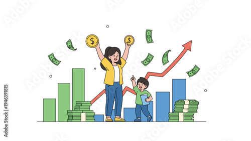 Happy mother and her young son celebrating their financial gains with money falling around them and rising growth charts in the background.