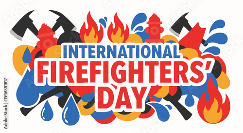 International Firefighters Day logo with flame and firefighter tools in colorful vibrant lighting for emergency service