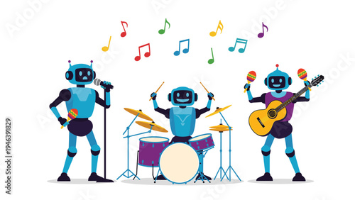 Group of three blue robots playing musical instruments including a guitar and drums while singing into a microphone on a stage.