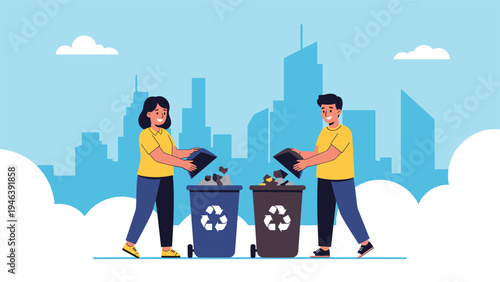 Environmentally conscious man and woman putting garbage into recycling bins with a blue city skyline in the background.