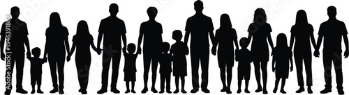 Large diverse family group holding hands in silhouette on white background Keywords: family, group, people, silhouette, holding