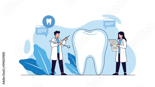 Two professional dentists in white coats standing next to a giant clean tooth and preparing to perform a medical procedure.