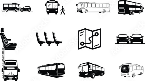 black and white bus and car transportation icons on white background