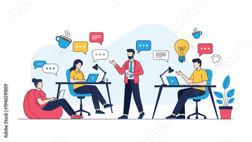 Group of diverse professionals working together in a modern office space with laptops, coffee, and a glowing lightbulb idea.