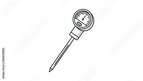 Professional metal meat thermometer with a sharp probe and a round dial for measuring food temperature on a white background.