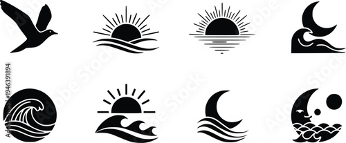 Minimalist Ocean and Celestial Icon Set with Sun Moon Waves Bird