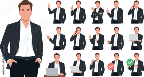 Set of young handsome businessman characters in formal office clothes showing different poses gestures standing and sitting at desk vector illustration