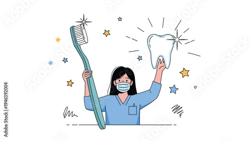 Professional female dentist wearing a face mask holds a giant toothbrush and a large sparkling clean tooth in a cheerful illustration.