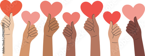 Diverse group of people raising hands holding red hearts representing charity support kindness compassion social help community isolated vector illustration