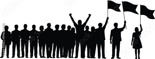Silhouette of a Crowd Holding Flags and Raising Arms on a White Background people