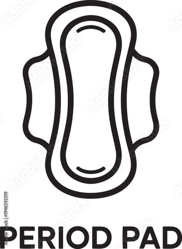 Clean black and white line art illustration of a sanitary pad or menstrual pad with text reading period pad