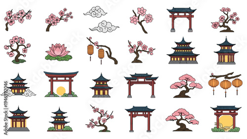 Diverse collection of traditional Asian architectural icons including pagodas, torii gates, lanterns, cherry blossoms, and bonsai trees.