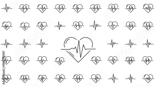 Large collection of minimalist line icons featuring hearts with integrated heartbeat or pulse lines representing health and cardiology.