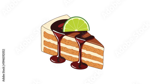 Appetizing slice of layered sponge cake featuring rich dark chocolate drizzle on top and garnished with a fresh green lime wedge.