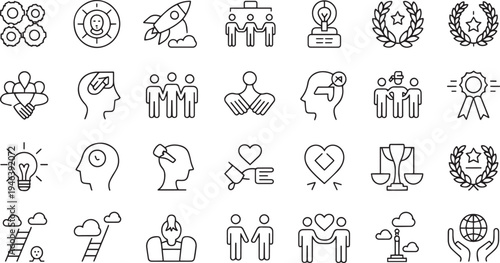 Collection of abstract business and personal success line art icons representing collaboration innovation leadership and growth