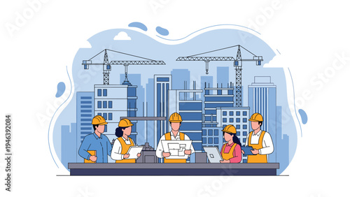 Team of professional construction workers and engineers in hard hats stand before a busy city construction site with cranes and buildings.