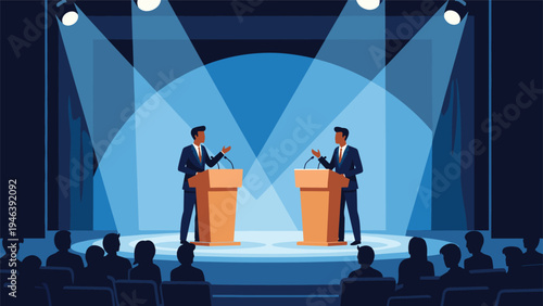 Two speakers in suits engage in a formal political debate or discussion behind podiums on a brightly lit stage with an audience.