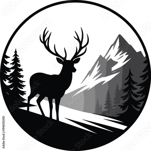 Black deer silhouette with large antlers standing in mountain forest landscape with pine trees and snowy peaks inside circleBlack deer silhouette with