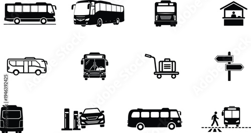 black and white icons of various transportation vehicles and signs
