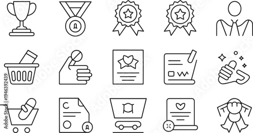 Collection of business and achievement related line art icons representing success and recognition