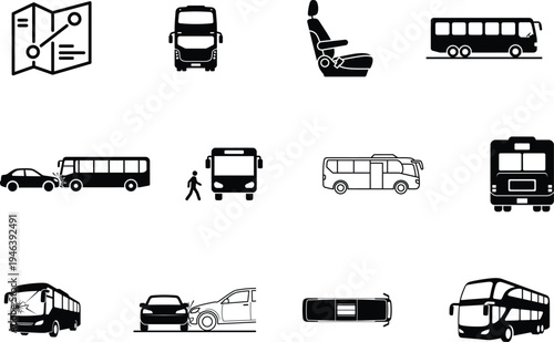 Black and white illustrations of various vehicles and transportation icons