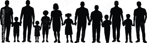 Silhouette of a family group including parents and children holding hands vector illustration