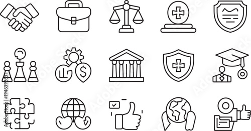 Collection of business and finance icons representing concepts like handshake agreement briefcase justice scales insurance and global connection