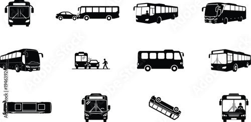blackandwhite silhouettes of various buses and vehicles in different positions