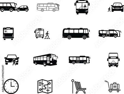 collection of black and white transportation icons including buses cars and travel related symbols
