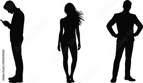 People silhouettes set, standing man and woman figures collection, human body outline characters, modern lifestyle illustration