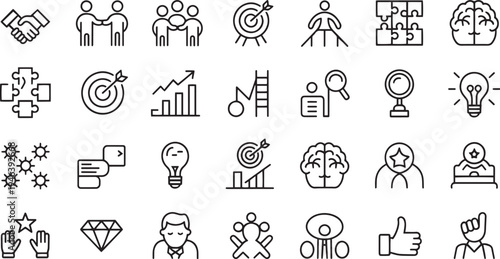 Collection of business and success related outline icons representing teamwork ideas growth and achievement