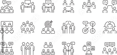Collection of business and teamwork icons depicting collaboration communication and strategy planning with people