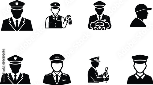 Collection of pilot and driver silhouettes in various poses and uniforms