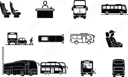 Collection of various bus and transportation related icons and silhouettes  public transit vehicles and travel
