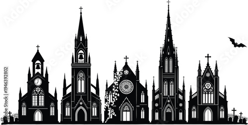 Gothic church silhouettes collection with spooky cathedral architecture graveyard crosses and a flying bat for halloween design projects